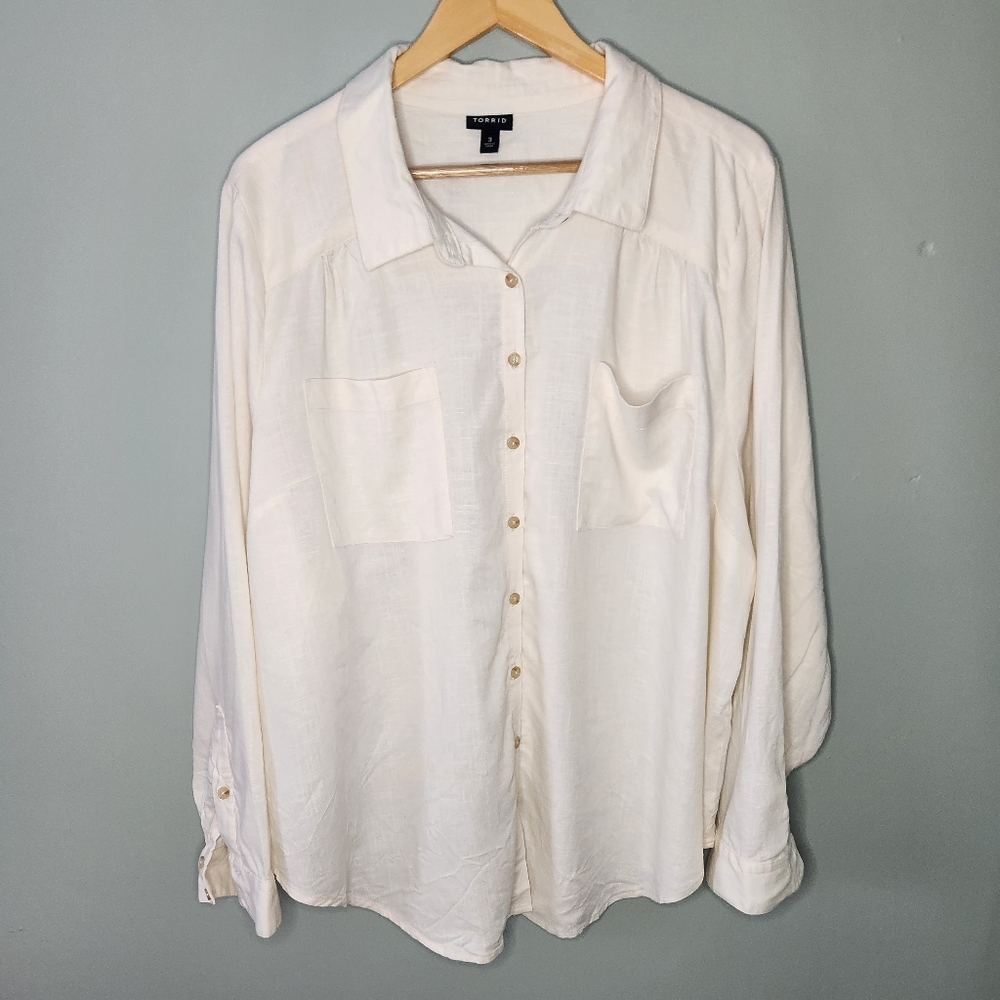 Torrid Madison Shirt Womens Plus 3X Ivory Linen Blend Button Up Blouse Classic